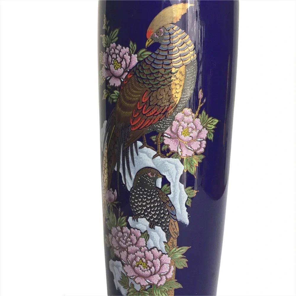 Vintage Kutani Cobalt Blue Pheasants Vase